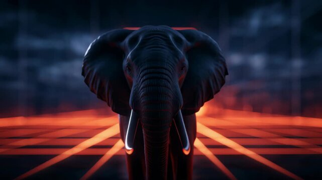 Majestic elephant walking through a futuristic neon grid corridor, backlit by intense orange light and framed by glowing architecture, symbolizing strength, power, technology, and the future.