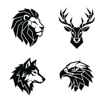 Geometric low poly wild animal head logos set featuring lion stag deer wolf and eagle predator