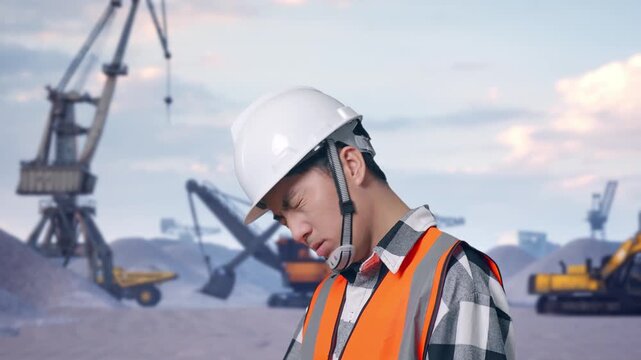 Close Up Side View Of Asian Male Engineer With Safety Helmet Having A Headache While Working at Gravel Stockpile Yard with Cranes and Excavators
