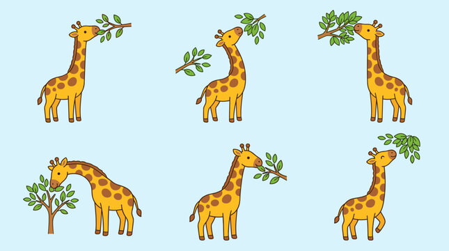 Cute cartoon giraffes eating fresh green leaves from tree branches wildlife characters set