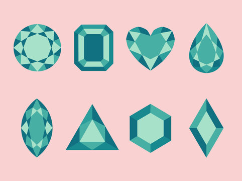 Luxury emerald green faceted gemstone crystals and cut diamond shapes set on pink background