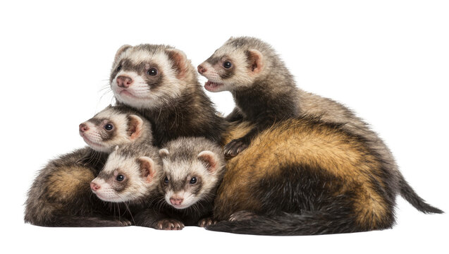 Group of four adorable ferrets huddled together, isolated on transparent background