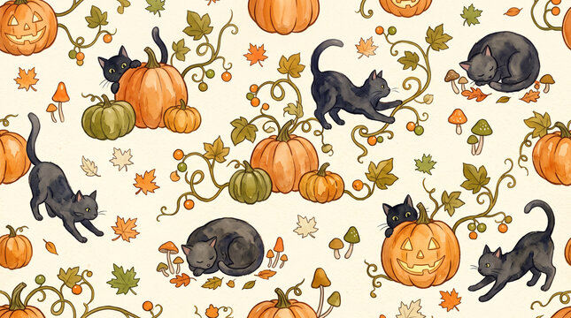 Cute watercolor halloween seamless pattern with black cats, jack o lanterns, autumn pumpkins, mushrooms and fall leaves on light background
