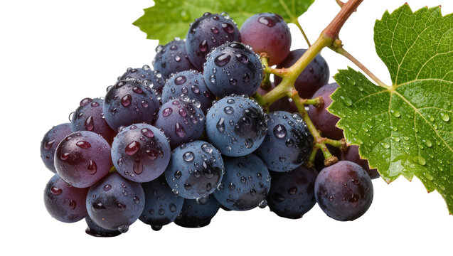 Dark purple grapes with water droplets on a vine, isolated on transparent background