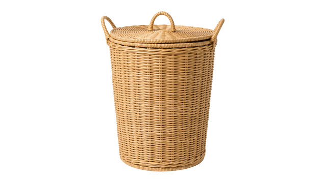 Tall woven wicker laundry hamper with lid and handles, isolated on transparent background