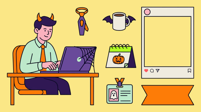Man with devil horns working on laptop with Halloween themed objects