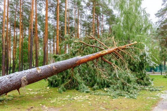 Fallen pine tree in a forest after storm