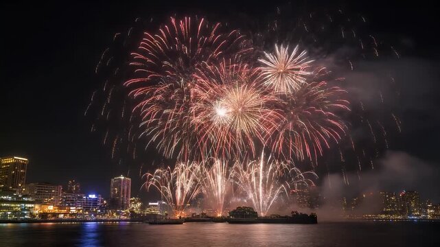 A triptych of vibrant fireworks illuminating the night sky over a city skyline.