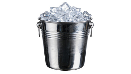 Metal ice bucket filled with clear ice cubes, isolated on transparent background © Adrian