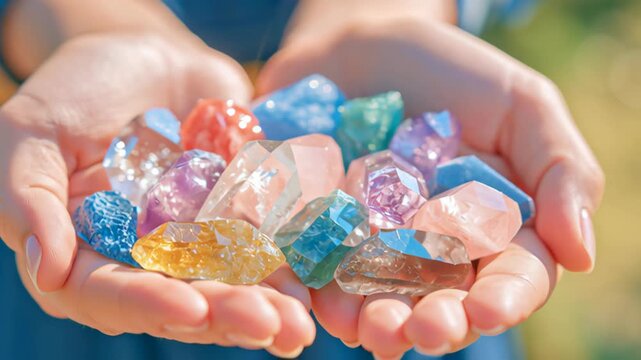Hands holding colorful polished crystals and gemstones sparkling in sunlight, creating a natural concept of beauty, energy, minerals, spirituality, and mindful connection.