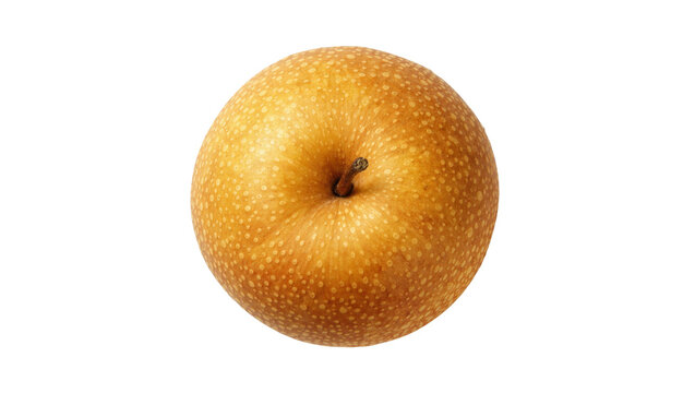 Round golden Asian pear with brown speckles, isolated on transparent background