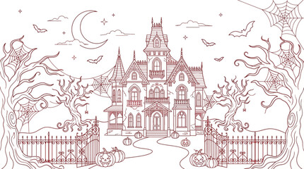 Naklejka premium Haunted house illustration with pumpkins and bats for Halloween design
