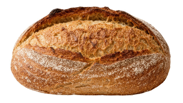 Rustic artisan sourdough bread with golden brown crust dusted with flour, isolated on transparent background