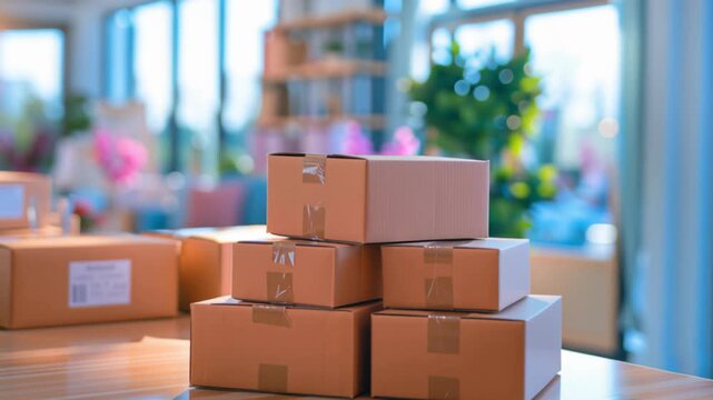Stack of cardboard parcel boxes in a bright home office, representing online shopping, e-commerce, home business, package delivery, shipping, and small business fulfillment.