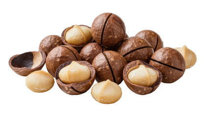Fototapeta premium Pile of whole and cracked macadamia nuts with creamy kernels, isolated on transparent background