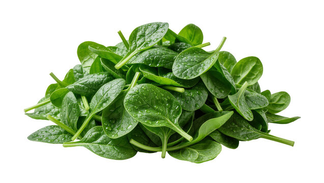 Fresh green spinach leaves with water droplets, isolated on transparent background