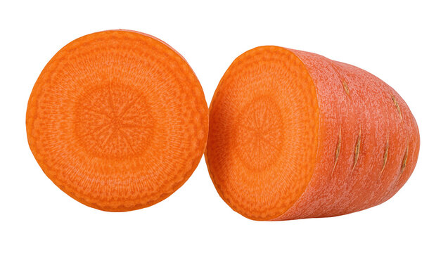 Fresh orange carrot slice and half showing internal texture, isolated on transparent background