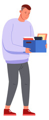 Fototapeta premium Sad man with stuff in box. Fired person character