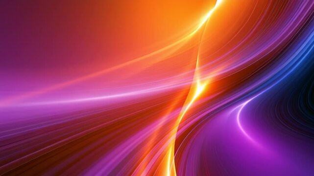 Abstract neon curves flowing across a vibrant purple and orange background, creating a dynamic futuristic design symbolizing motion, energy, speed, and digital connectivity.