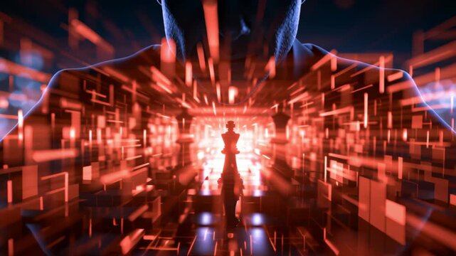Mysterious man surrounded by glowing red digital structures and futuristic energy, creating a powerful cyberpunk concept of strategy, intelligence, technology, and virtual reality.
