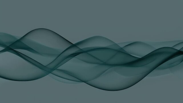 Three horizontal panels display flowing, translucent waves in shades of teal and deep green against a muted grey background.