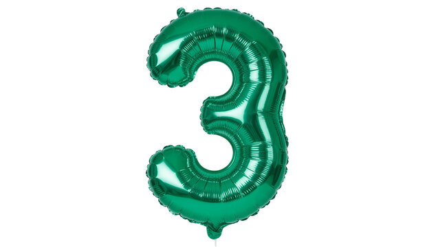 Shiny emerald green number 3 foil balloon, isolated on transparent background