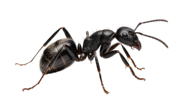 Detailed black ant with segmented body and antennae, isolated on transparent background