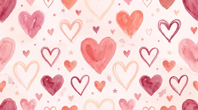 Watercolor seamless pattern with colorful hand painted hearts and stars on pink background