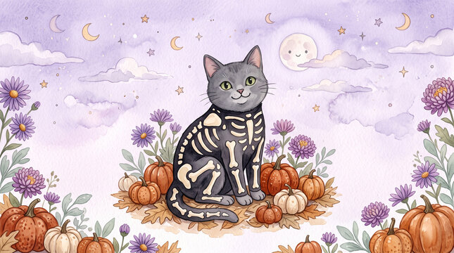 Watercolor illustration of a cute grey cat wearing a skeleton costume sitting among pumpkins and purple flowers under a moonlit sky
