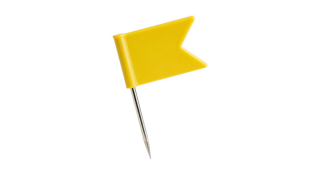 Bright yellow flag pushpin with sharp metal point, isolated on transparent background