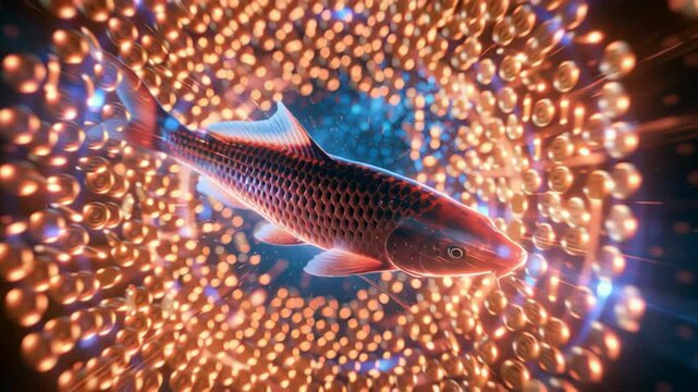 Koi fish surrounded by glowing golden coins in a magical underwater scene, symbolizing prosperity, wealth, fortune, abundance, success, and good luck.