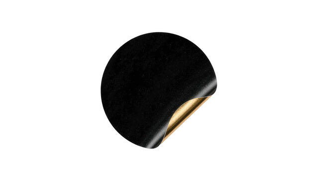 Black circular sticker with peeling golden backing, isolated on transparent background