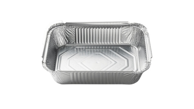 Empty square aluminum foil food container with ridged sides, isolated on transparent background