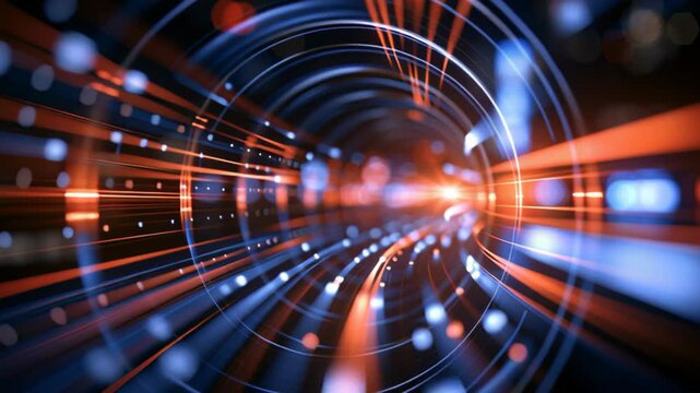 Abstract futuristic tunnel with dynamic blue and orange light trails, glowing particles, and circular motion effects, creating a high-speed digital technology background.