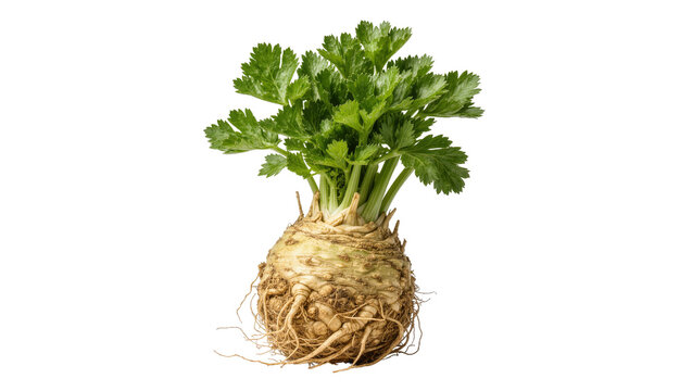 Celery root with green leaves and fibrous roots, isolated on transparent background