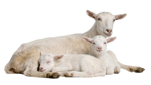 Mother goat resting with two young lambs one sleeping peacefully, isolated on transparent background