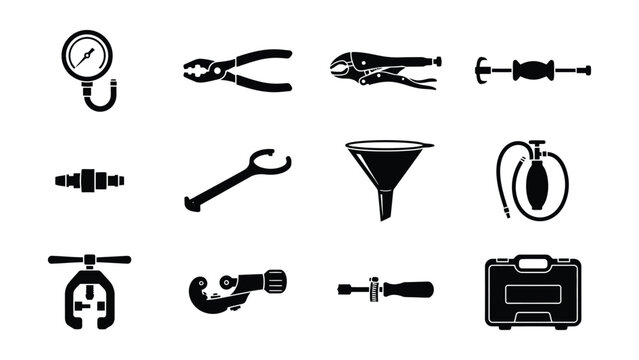 Collection of various hand tools and automotive maintenance equipment icons