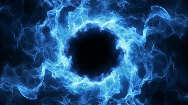 A mesmerizing visual depicts swirling blue energy surrounding a dark void, presented in a triptych.