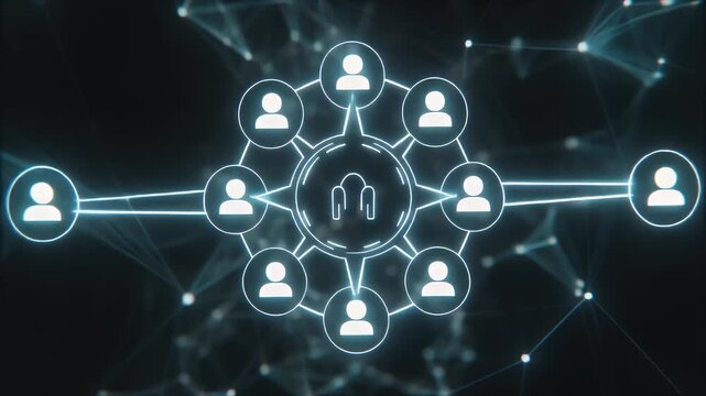 A stylized representation of a decentralized network of people connected by lines and nodes, with a central cloud icon.