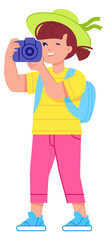Obraz premium Happy kid traveler shooting photos. Tourist girl