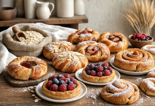 Assortment of fresh baked pastries with berries and oats in rustic kitchen lighting