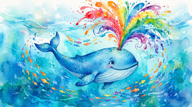 A joyful blue whale swims in the ocean, playfully spouting a vibrant, colorful rainbow splash from its blowhole, surrounded by tiny fish