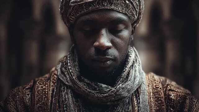 African man in turban praying with hands joined