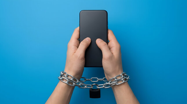 Hands chained to a mobile phone on a blue background with blue backdrop with padlock