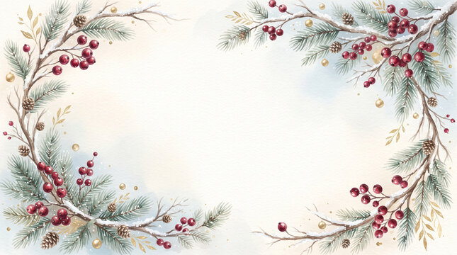 Watercolor christmas frame with pine branches, red berries, and golden ornaments on a soft textured background