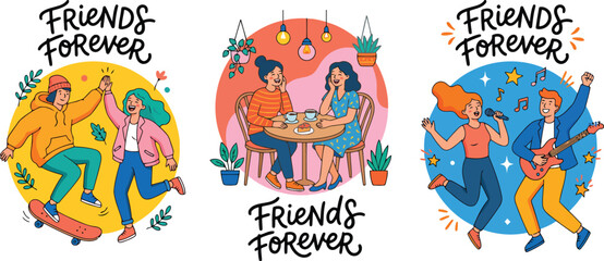 Fototapeta premium Friends Forever flat vector illustration set, happy best friends hanging out and having fun, diverse people skateboarding and singing karaoke