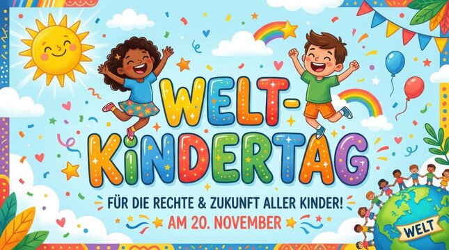 Weltkindertag celebration banner with happy children, colorful text, and globe illustration