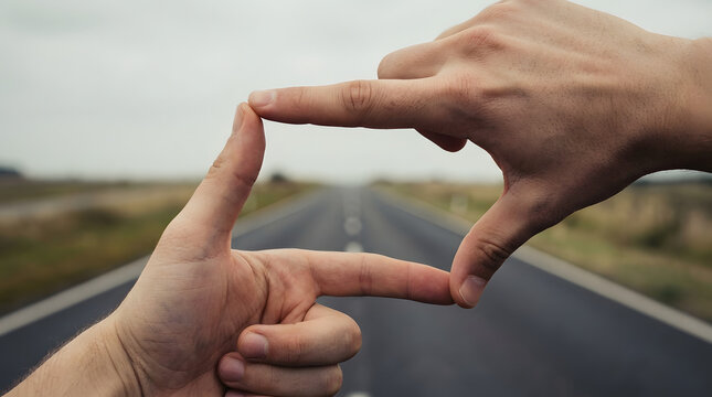 Hands forming a rectangular frame over a blurry road in the distance with two hands