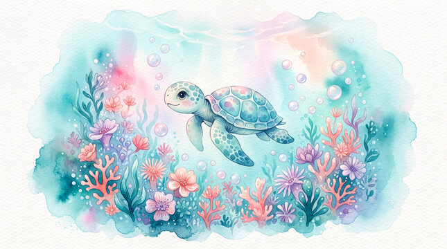 Cute sea turtle swimming in watercolor ocean with coral reef and bubbles