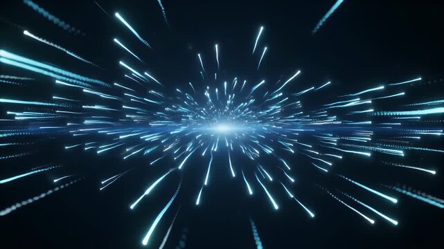 Abstract blue glowing particles exploding outwards from a central light source in a dark void.